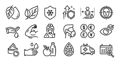 Güneş kremi, güçlü kol ve lastik eldiven çizgisi simgeleri hazır. Koruma kalkanı ve para değişimi. Tıbbi takvim, hemşire ve yapay renk simgeleri. Vektör