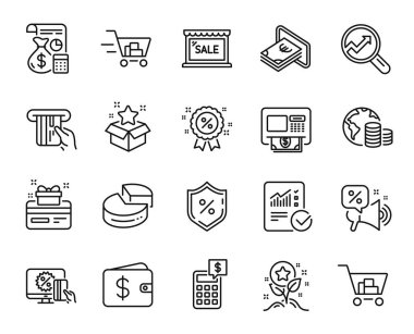 Alışveriş arabasının vektör seti, Analitik ve Kontrol edilen hesap çizgisi simgeleri ayarlandı. İndirim, indirimler ve internet alışveriş ikonları. Kredi kartı, sadakat kartı ve turta tabelaları. Vektör