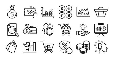 İnternet alışverişi, büyüme grafiği ve sunum çizgisi simgeleri. Koruma kalkanı ve para değişimi. Para çantası, indirim kuponu ve Cross ikon satıyor. Vektör