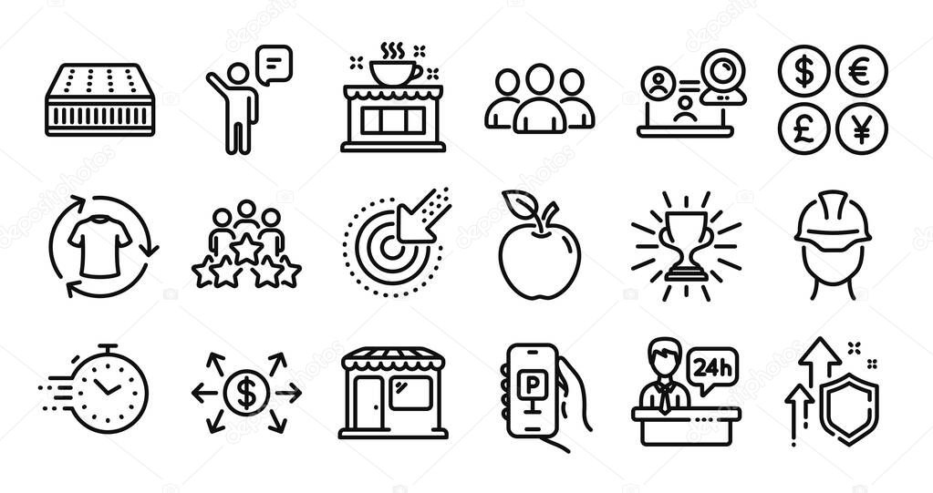 Business meeting, Mattress and Dollar exchange line icons set. Secure shield and Money currency exchange. Video conference, Apple and Coffee shop icons. Parking app, Group and Agent signs. Vector