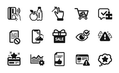 Sağlıklı yiyecek seti, temassız ödeme ve göz simgelerini kontrol et. Yanlış dosya, internet alışverişi ve dokunmatik ekran jest simgeleri. Sağlıklı besinler basit web sembolü. Vektör