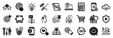 İş yeri, gülümseme, koruma ikonları gibi bir dizi teknoloji ikonu. Çekiç aleti, hipoalerjenik test, piyasa satışı tabelaları. Marka elçisi, terfi zili, tamirci. Düğme gibi. Vektör