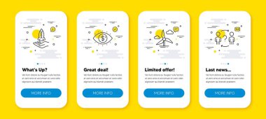 İş görüşü vektör seti, yel değirmeni türbini ve kitle fonlama çizgisi simgeleri ayarlandı. Satır simgeli UI telefon uygulaması ekranları. Delege soru ikonu. Pazarlama görevi, rüzgar gücü, iş kurma. Vektör