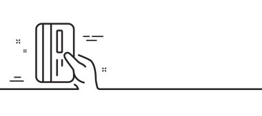 Kredi kartı simgesi. Bankacılık Ödeme Kartı imzalama. ATM servis sembolü. Asgari çizgi çizimi arka planı. Ödeme kartı ikon desenli pankart. Beyaz ağ şablonu konsepti. Vektör