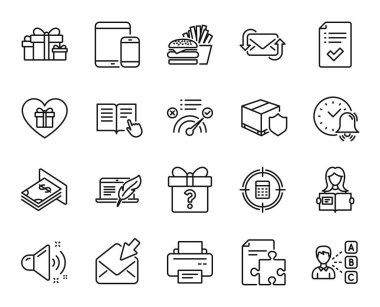 Hesap makinesi hedefinin vektör kümesi, okuma talimatları ve doğru cevap satırı simgeleri ayarlandı. Yüksek sesli, Strateji ve Romantik hediye ikonları. Fikir, ATM parası ve açık posta tabelaları. Vektör