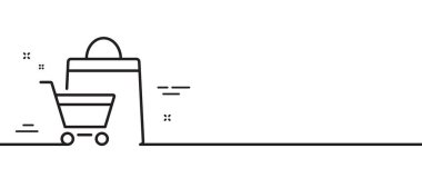 Alışveriş arabası ikonu. Müşteri çantası satışı tabelası. Süpermarket satın alma sembolü. Asgari çizgi çizimi arka planı. İndirimli çanta çizgisi simge desenli afiş. Beyaz ağ şablonu konsepti. Vektör