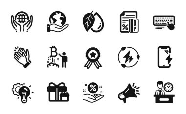 Smartphone şarj takımı, Megaphone ve Bilgisayar klavye simgeleri basit set. Kazanan kurdele, alkışlayan eller ve fikir ikonları. Maden yağı, gezegeni ve yeşil elektrik işaretlerini koruyun. Vektör