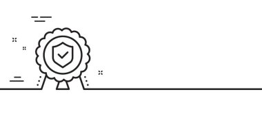 Sigorta madalyası ikonu. Sertifikalı risk sigortası işareti. Onaylanmış koruma sembolü. Asgari çizgi çizimi arka planı. Sigorta madalyası ikon desenli pankart. Beyaz ağ şablonu konsepti. Vektör