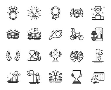 Kupa, Liderlik ve Islık hattı simgeleri belirlendi. Kazanan, Zafer ve Spor Arenası ikonları. Arena stadyumu, Fitness uygulaması ve kazanan kurdele tabelaları. Honor, Flag ve Bisiklet park yeri. Vektör