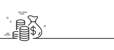 Bozuk para torbası ikonu. Nakit para işareti. Gelir tasarrufu sembolü. Asgari çizgi çizimi arka planı. Bozuk para torbası ikon desenli pankart. Beyaz ağ şablonu konsepti. Vektör