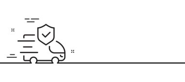 Ulaşım sigortası simgesi. Araba riski sigortası işareti. Teslimat koruma sembolü. Asgari çizgi çizimi arka planı. Işınlama sigortası simge desenli afişi. Vektör