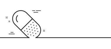 Kapsül hapı çizgisi ikonu. Tıbbi ilaç işareti. Eczane ilaç sembolü. Asgari çizgi çizimi arka planı. Kapsül hap çizgisi ikon desenli pankart. Beyaz ağ şablonu konsepti. Vektör