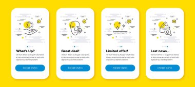 Problemli cilt, güneş koruması ve temiz cilt çizgisi simgeleri oluşturuldu. Satır simgeli UI telefon uygulaması ekranları. Nemlendirici krem ikonu. Yüz bakımı, morötesi bakım, yüz kremi. Yüz losyonu. Vektör