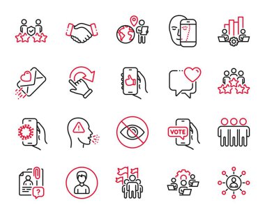 İş toplantısı, İnsan ve Arama çalışanları simgeleriyle ilgili vektör kümesi simgeleri. Öksürük, dış kaynak işi ve arkadaşlık işaretleri. El sıkışma, ağ oluşturma ve takım çalışması çizelgesi. Kapalı uygulama. Vektör