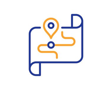 Harita çizgisi simgesi. Yol tabelası. Yolculuk mesafesi sembolü. Renkli ince çizgi ana hatları. Doğrusal biçim harita simgesi. Düzenlenebilir felç. Vektör