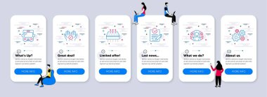 İş simgeleri ayarlandı. Takım çalışmalı UI telefon uygulaması ekranları. Solunabilir yatak, Rfp, Kadın Grup tabelaları gibi ikonları da içeriyor. Otobüs, tıbbi tablet, çark çizgisi simgeleri. Vektör