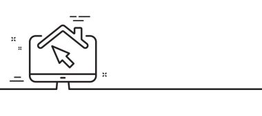 Ev hattı ikonunda çalış. Dışarıdan iş ilanı. Uzaktan ofis çalışanı sembolü. Asgari çizgi çizimi arka planı. Ev hattı ikon desenli pankart üzerinde çalış. Beyaz ağ şablonu konsepti. Vektör