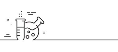 Kimya laboratuarı ikonu. Laboratuvar matarası işareti. Analiz sembolü. Asgari çizgi çizimi arka planı. Kimya laboratuarı ikon desenli pankart. Beyaz ağ şablonu konsepti. Vektör