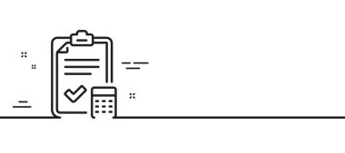 Muhasebe listesi satır simgesi. Hesap makinesi işareti. Finans sembolünü hesapla. Asgari çizgi çizimi arka planı. Muhasebe listesi satır simgesi pankartı. Beyaz ağ şablonu konsepti. Vektör