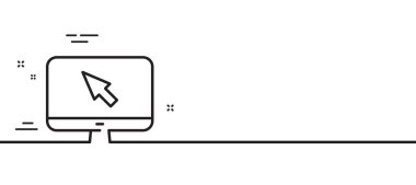 Bilgisayar veya Monitör simgesi. Fare imleci işareti. Kişisel bilgisayar sembolü. Asgari çizgi çizimi arka planı. İnternet çizgisi simge pankartı. Beyaz ağ şablonu konsepti. Vektör