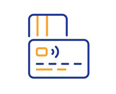 Kredi kartı simgesi. Banka para ödeme tabelası. Nakitsiz ödeme sembolü. Renkli ince çizgi ana hatları. Doğrusal kart simgesi. Düzenlenebilir felç. Vektör