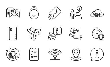 Teknoloji simgeleri ayarlandı. Smartphone kapağı olarak simge, Uçuş uygulaması, Rüzgar enerjisi işaretleri dahil. Hızlı ipuçları, Wifi, konum sembolleri. En iyi sonuç, muhasebe raporu, görüşme. Aşağı in. Vektör