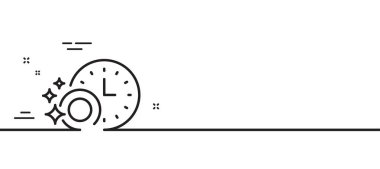 Zaman çizgisi ikonuyla bulaşık yıkama. Bulaşık makinesi tabelası. Masa takımı tabelası temiz. Asgari çizgi çizimi arka planı. Bulaşık makinesinin zamanlayıcı çizgisi simge pankartı. Beyaz ağ şablonu konsepti. Vektör