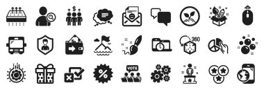 Cogwheel, Find user, Text mesaj simgeleri gibi iş simgeleri kümesi. Vites, Temiz Baloncuklar, İşaretli kutular. Konuşma balonu, güvenlik ajansı, toplantı. İndirim, hediye kutusu, online oylama. Otobüsle. Vektör