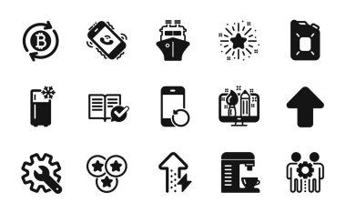 Çalışan takım çalışması, Kurtarma telefonu ve Gümrük simgeleri seti. Kutu yağı, Bitcoin ve Buzdolabı ikonları. Gemi, Yaratıcı Tasarım ve Çağrı Merkezi işaretleri. Vektör