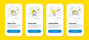 Park zamanı vektör seti, hedef bayrak ve deniz feneri çizgisi simgeleri ayarlandı. Satır simgeli UI telefon uygulaması ekranları. Taksi ikonu. Park saati, uçuş işareti, işaret kulesi. Toplu taşıma. Vektör