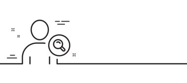 Kullanıcı satırı simgesi ara. Avatar 'ın profilinde büyüteç işareti var. İnsan silueti sembolü. Asgari çizgi çizimi arka planı. Kullanıcı satırı simge pankartı bul. Beyaz ağ şablonu konsepti. Vektör