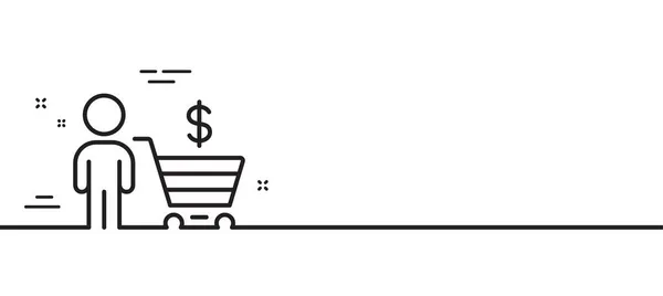 ショッピングカートラインアイコンを持つ買い手 顧客のサインだ スーパーマーケットの顧客記号 最小限の線のイラストの背景 バイヤーラインアイコンパターンバナー ホワイトウェブテンプレートのコンセプト ベクトル — ストックベクタ