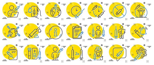 Иконки линии вакцины. Коронный джеб, медицинский шприц, иконки паспортов вакцинации. Ковидная вакцина, человеческий удар и коронавирусная доза. Шприц, коронная инъекция, уведомление о прививках. Вектор