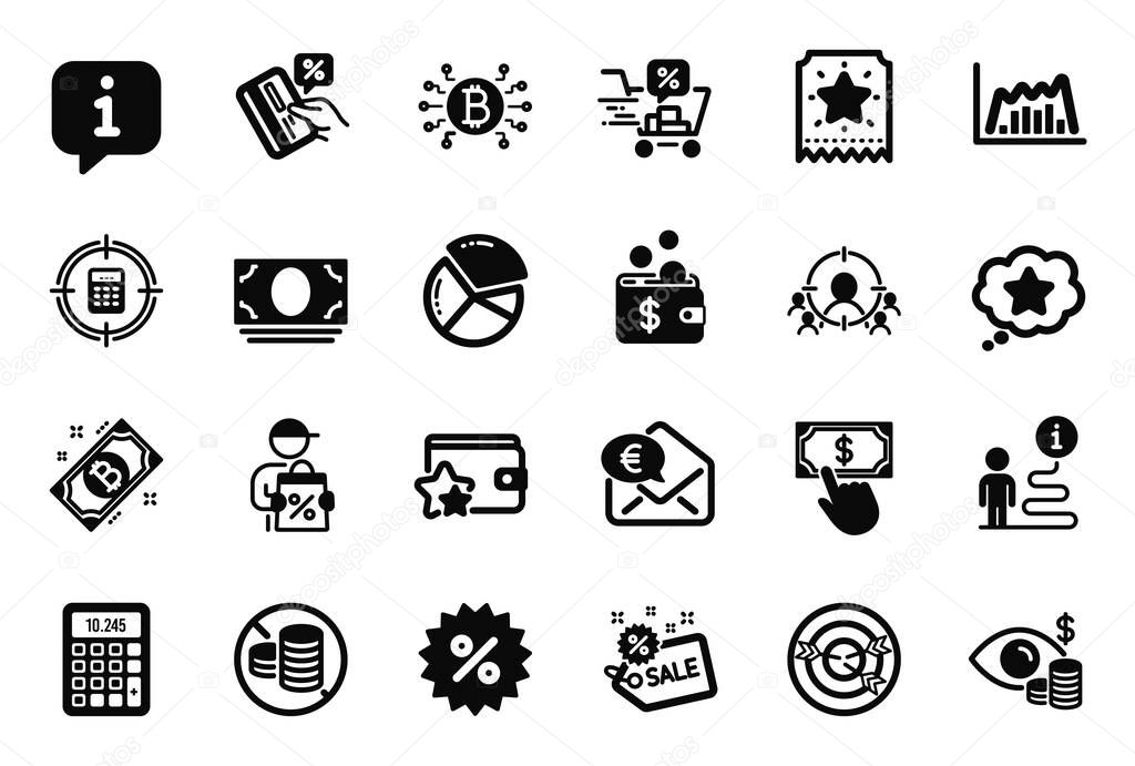 Vector Set of Finance icons related to Loyalty ticket, Discounts cart and Calculator icons. Delivery discount, Discount and Sale signs. Cash money, Business vision and Pie chart. Bitcoin. Vector