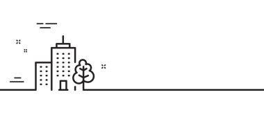 Gökdelen binaları çizgi ikonu. Ağaç işaretiyle şehir mimarisi. Kasaba sembolü Asgari çizgi çizimi arka planı. Gökdelen binaları ikon desenli pankart. Beyaz ağ şablonu konsepti. Vektör