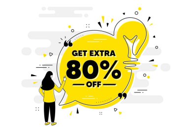 İndirimden% 80 indirim al. Kişi ile sohbet pankartı. İndirimli fiyat tabelası. Özel teklif sembolü. Yüzde 80 tasarruf ederiz. Ekstra indirimli sohbet mesajı ampulü. Vektör