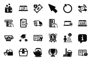 Mühendislik belgeleriyle, ödeme kartıyla ve Web ders simgeleriyle ilgili basit simgeler kümesi. Döngü, Kazanan ve Reddedilmiş ödeme işaretleri. Kova paspas, kamyon teslimatı ve çaydanlık. Vektör