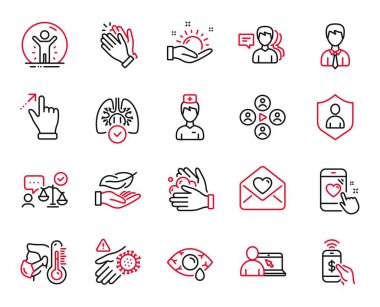 Dokunmatik ekran jesti, Doktor ve Kalp değerlendirme simgeleri ile ilgili vektör kümesi simgeleri. Güneşli hava, göz iltihabı ve online eğitim işaretleri. İyileşti, el çırpıyor. Vektör