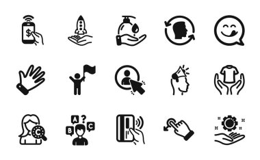 Yüz Kimliği vektör seti, Telefon ödemesi ve Kullanıcı simgeleri basit seti. Temassız ödeme, kalkış ve liderlik simgeleri. Sınav, El ve Yıka el işaretleri. Basit web sembolü ile yüzleş. Vektör