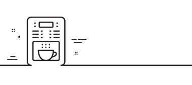 Kahve makinesi çizgisi ikonu. Otomat tabelası. Çay sembolü yap. Asgari çizgi çizimi arka planı. Kahve imalatçısı simge desenli afiş. Beyaz ağ şablonu konsepti. Vektör