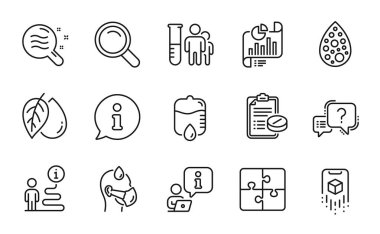 Bilim simgeleri ayarlandı. Tıbbi analizler, yapay renkler, tıbbi reçete işaretleri gibi ikonları da içeriyor. Bulmaca, Arama, Sayaç sembolleri bırakın. Soru işareti, cilt durumu, hasta adam. Vektör