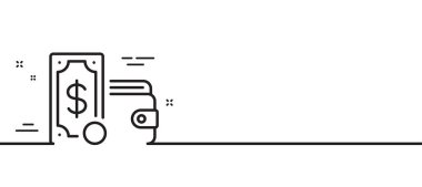 Cüzdan para çizgisi simgesi. Nakit para işareti. Bir dolarlık banknot sembolü. Asgari çizgi çizimi arka planı. Cüzdan para çizgisi ikon desenli pankart. Beyaz ağ şablonu konsepti. Vektör