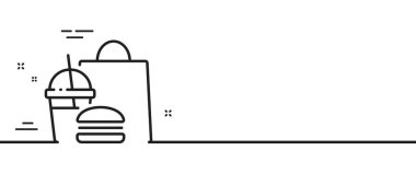 Yemek dağıtım hattı ikonu. Yemek siparişi tabelası. Fast food sembolü. Asgari çizgi çizimi arka planı. Fast food hattı ikon desenli pankart. Beyaz ağ şablonu konsepti. Vektör