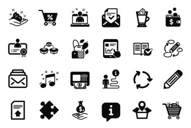 Paket konumu, müzikal not ve kalem simgeleriyle ilgili basit simgelerin vektör kümesi. Dosya yükle, Latte kahve ve posta tabelaları. Anahtar sözcükler, nane torbası ve sertifika. İnternet raporu, ATM. Vektör