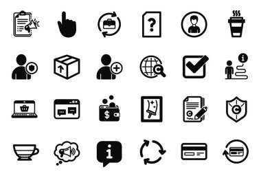 El Tıklama, Kredi kartı ve Megaphone kontrol listesi simgeleriyle ilgili basit simgelerin vektör kümesi. Geri dönüşüm, kullanıcı ve insan kaynakları işaretleri ekle. Bilgi baloncuğu, yolculuk yolu. El tıklama izole işareti. Vektör