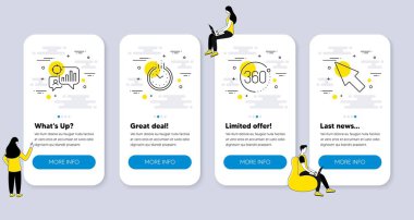 Time, 360 derece, Seo istatistik simgeleri gibi iş simgeleri. İnsanlarla UI telefon uygulaması ekranları. Fare imleç çizgisi sembolleri. Saat, tam rotasyon, analitik çizelge. Oka tıkla. Vektör