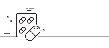 Kapsül hapı çizgisi ikonu. Tıbbi ilaç işareti. Eczane ilaç sembolü. Asgari çizgi çizimi arka planı. Kapsül hap çizgisi ikon desenli pankart. Beyaz ağ şablonu konsepti. Vektör