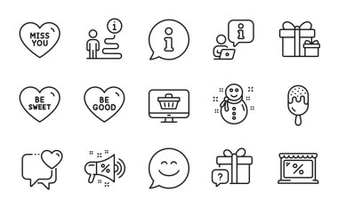 Tatil simgeleri ayarlandı. Market olarak ikon, Gülümseme Sohbeti, Web tabelaları. Heart, uslu ol, tatlı semboller ol. Sürpriz paket, seni özledim, dondurma. Gizli hediye Kardan Adam, indirimli megafon. Vektör