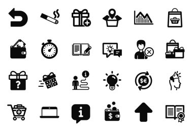 Diploma, Hesap Sil ve Yatırım grafik simgelerini içeren basit simgeler kümesi. Marka elçisi, dizüstü bilgisayar ve geri al işaretleri. Sigara, Cüzdan ve Zamanlayıcı. Yükle, fikir lambası ve hediye ekle. Vektör