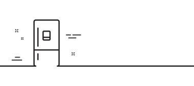 Buzdolabında buz imalatçısı ikonu var. Buzdolabı tabelası. Dondurucu depolama sembolü. Asgari çizgi çizimi arka planı. Buzdolabı çizgisi ikon desenli pankart. Beyaz ağ şablonu konsepti. Vektör